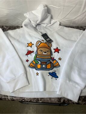 White Graphic Bear Hoodie - Space Explorer Sweatshirt